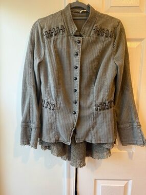 Free People Victorian Lace Up Military Jacket Corset Style Ruffle Size L